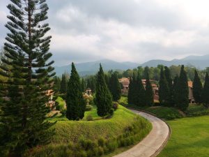 A quiet landscaped garden with a curved pathway, tall evergreen trees, and neatly trimmed grass. A small white gazebo sits in the center, with rustic buildings and mountains in the background under a cloudy sky.