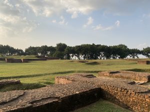 Ancient stone ruins with low walls on a grassy field under a partly cloudy sky. A line of trees in the background adds depth to the serene landscape.