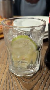 Empty glass with lemon slice and ice cubes 
