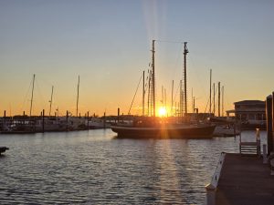 A scenic harbor at sunset with sailboats silhouetted against a vibrant orange and yellow sky in Newport, Rhode Island.