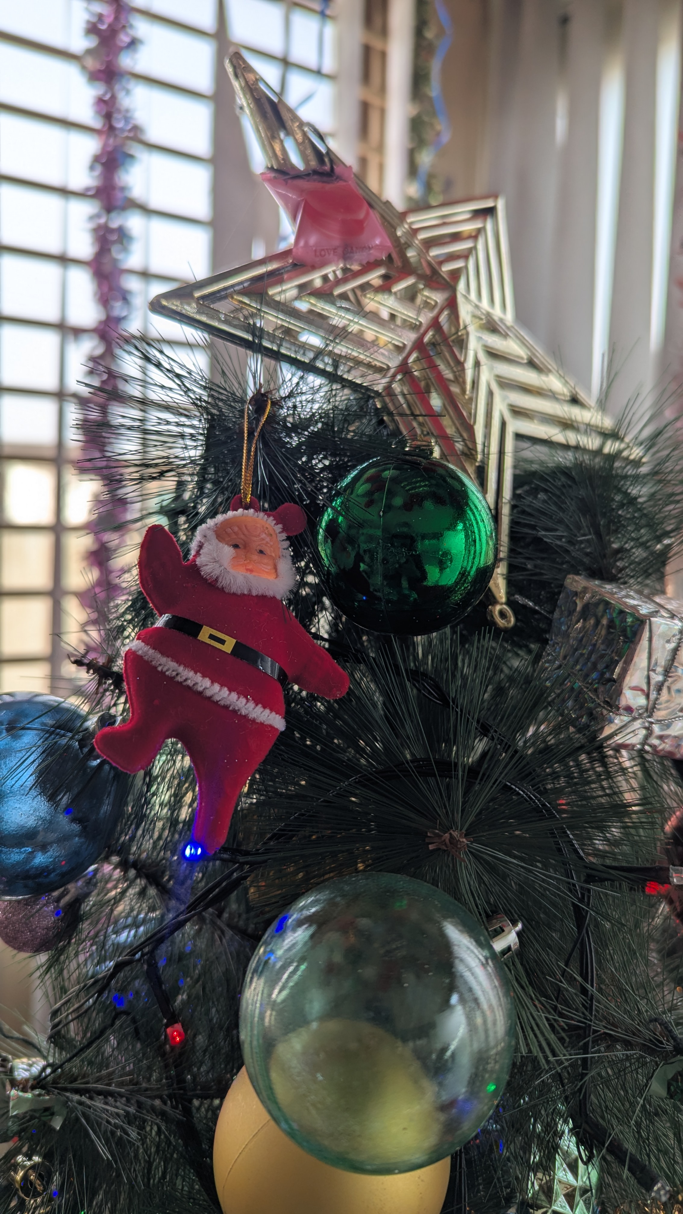 A close-up view of a decorated Christmas tree.