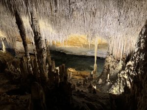 The Cave of Drach features limestone filled with dramatic rock formations. Long, thin stalactites hang densely from the ceiling like icicles while thick stalagmites rise from the cave floor below. Warm lighting highlights the texture and colour of the rocks.