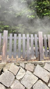 A wooden fence made of dark planks stands in the foreground, partially obscured by a light steam.