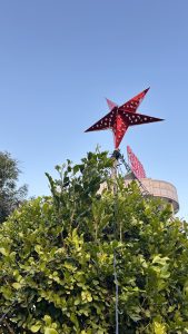 A bright red star decoration with white patterns stands atop a lush green shrub. In the background, a building with a sign reading "Hotel" is visible against a clear blue sky.