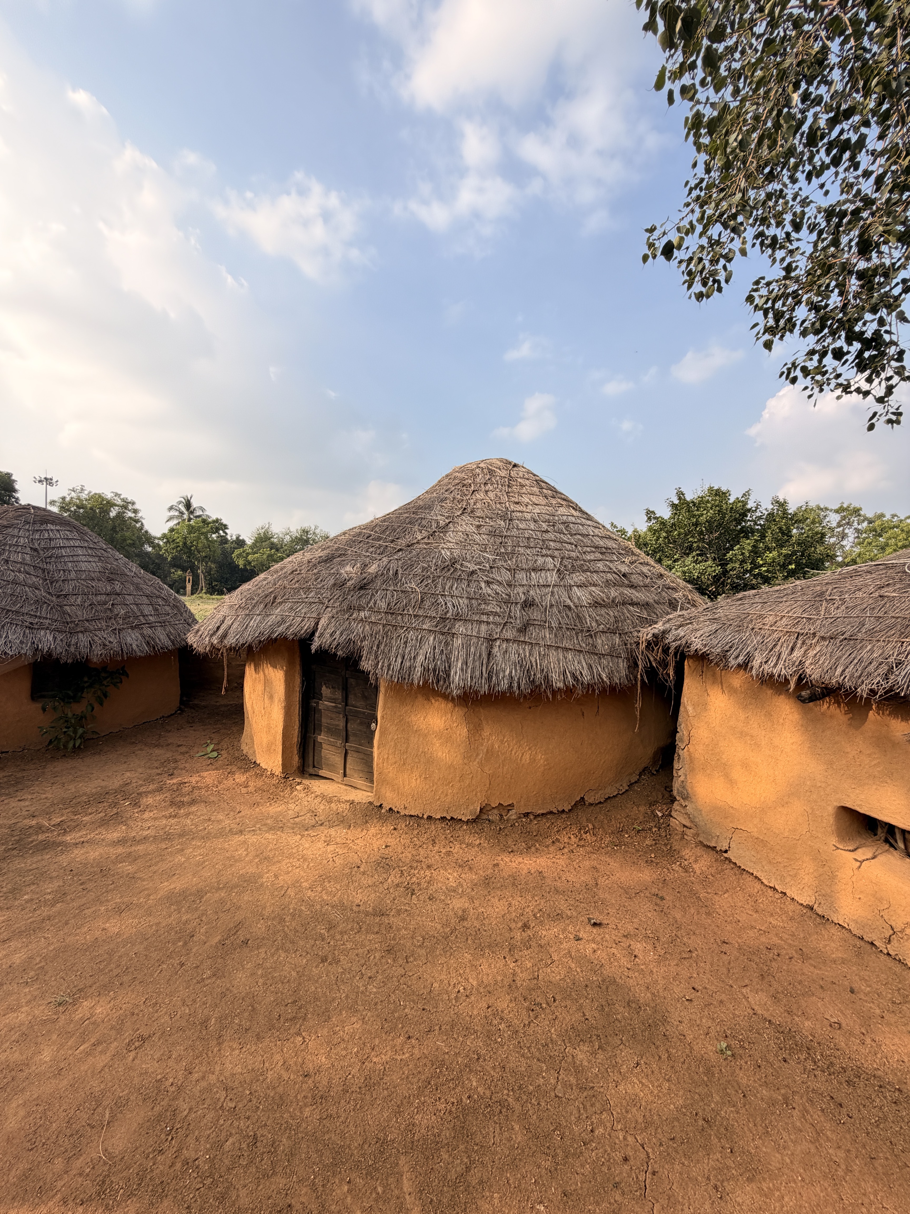 Traditional round mud houses with thatched roofs in a rural setting. The ground is earthy and open, and trees surround the area. The photo represents village life and traditional architecture.