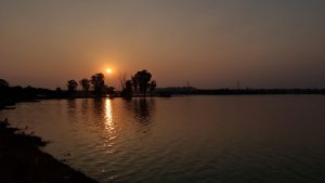 A dramatic and moody sunset (or sunrise) captured over a wide body of water. The bright sun hangs low in a hazy, orange-tinted sky, casting a long, shimmering trail of golden light across the dark, rippling water. The shoreline is defined by the distinct silhouettes of trees and vegetation, which create a strong contrast against the warm, glowing b