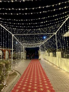 Strings of lights hanging up the sky lighting the red carpet pathway at some wedding reception entrance!