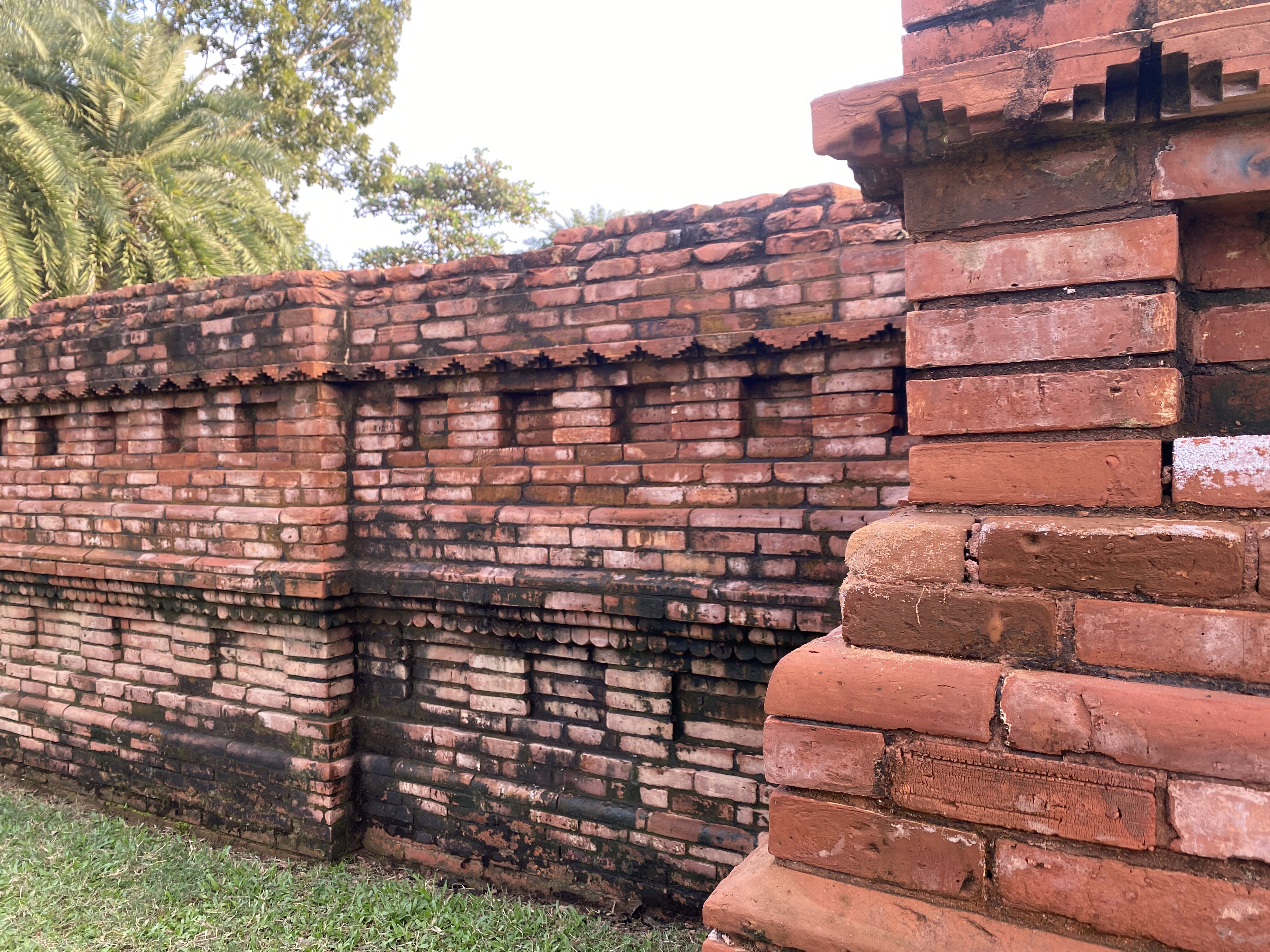 Red brick wall with weathered texture and decorative pattern, set against green grass and palm trees under a clear sky, conveying historical charm.