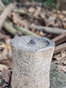 A simple stone oil lamp rests on the ground among dry leaves and twigs. Its rough texture and aged look reflect traditional lighting practices still seen in rural Kozhikode, Kerala.