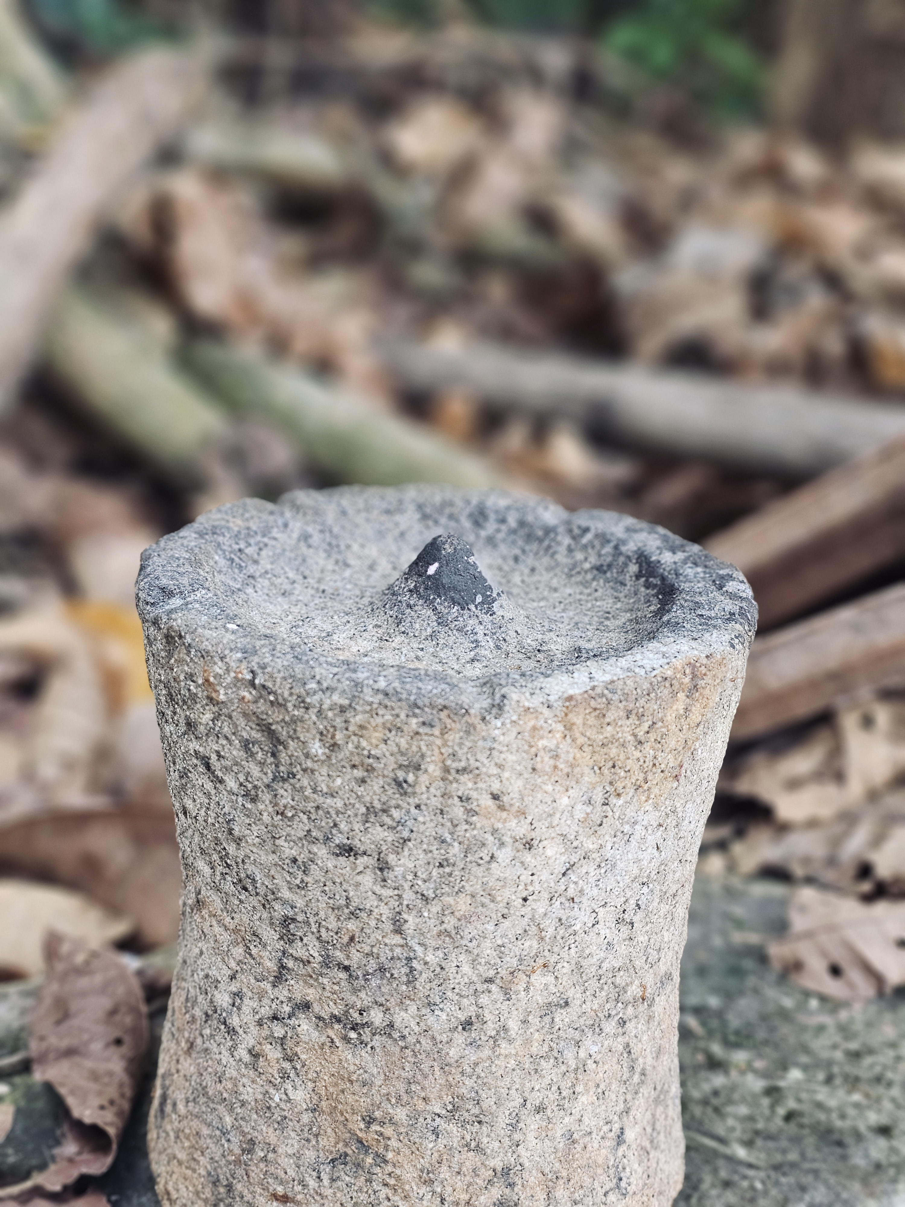 A simple stone oil lamp rests on the ground among dry leaves and twigs. Its rough texture and aged look reflect traditional lighting practices still seen in rural Kozhikode, Kerala.