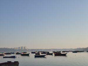 This image captures a serene, wide-angle view of a calm lake at what appears to be dawn or a hazy morning. The composition is defined by a large, clear sky that transitions from a pale blue to a soft, misty glow near the horizon.The overall mood is peaceful and rhythmic, highlighting the natural lake environment and the urban skyline beyond.
