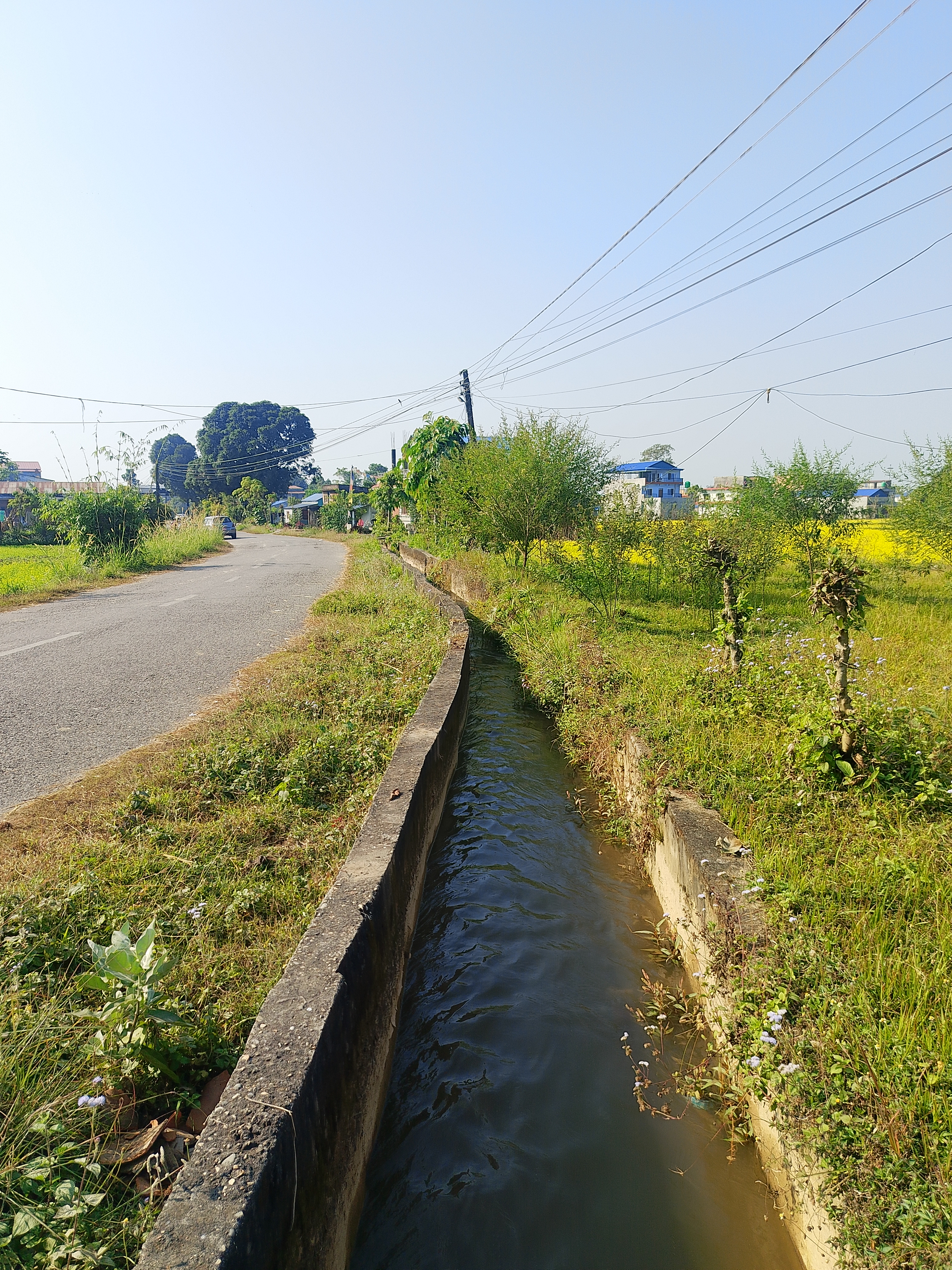 A rural scene depicting a narrow water channel running parallel to a road.