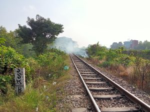 

Railway track with a pillar at Kawtoli, Brahmanbaria, Bangladesh.