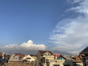 A panoramic view of a residential area with various rooftops, including buildings with slanted roofs and an assortment of colors.