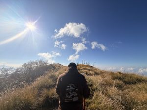 
A person wearing a brown hoodie stands on a grassy mountain ridge, facing away from the camera.