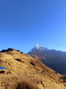 A panoramic view of a mountainous landscape under a clear blue sky. In the foreground, dry, golden grass covers rolling hills, leading to rugged terrain.