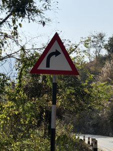 A triangular road sign with a red border and a black arrow indicating a right turn, set against a backdrop of green foliage and trees. The sky is clear with some visible blue hues.