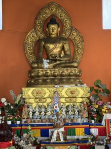A seated golden statue of Buddha is displayed against an orange wall, featuring intricate detailing and an ornate halo behind the head.