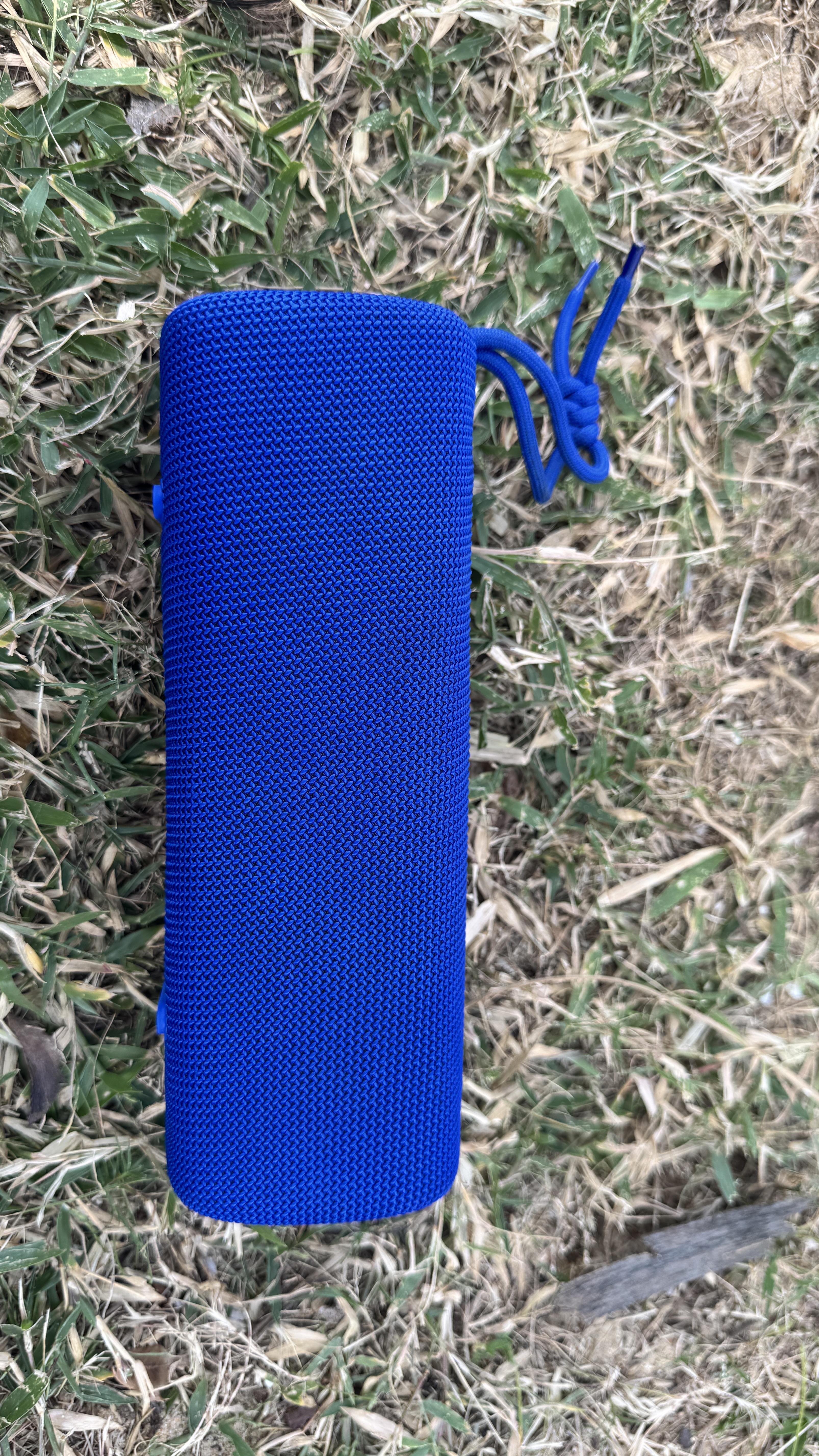 A top-down shot of a bright blue portable Bluetooth speaker with a braided cord resting on a patch of dry grass.