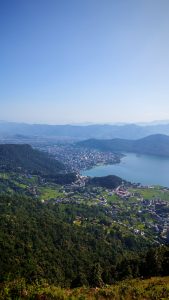 
A panoramic view of a lush, green landscape with a city by a lake. In the foreground, rolling hills and dense trees give way to vibrant patches of farmland and buildings in the valley. 