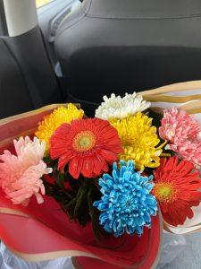 A vibrant bouquet of multicolored flowers sits in a red and cream holder, featuring red, yellow, white, pink, and blue blossoms. 