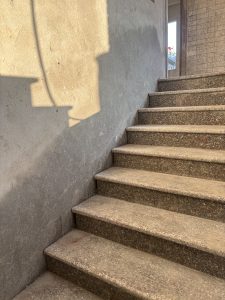A set of concrete steps leading upward, with a shadow cast on the wall beside them.