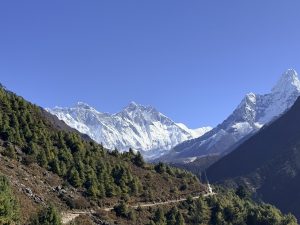 A stunning mountainous landscape featuring towering snow-capped peaks under a clear blue sky. In the foreground, lush green trees line a winding dirt path that leads through the valley, surrounded by rocky terrain.