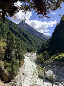 A scenic view of a river flowing through a rocky valley surrounded by lush green trees and steep mountains.