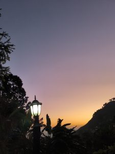 A lamp post illuminates the foreground against a tranquil sunset sky, transitioning from soft purple to warm orange. Silhouetted tropical plants frame the scene, with hills visible in the background.