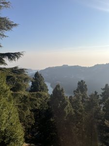 

A scenic view of a lake winding through a mountainous landscape, surrounded by dense evergreen trees under a clear blue sky. 