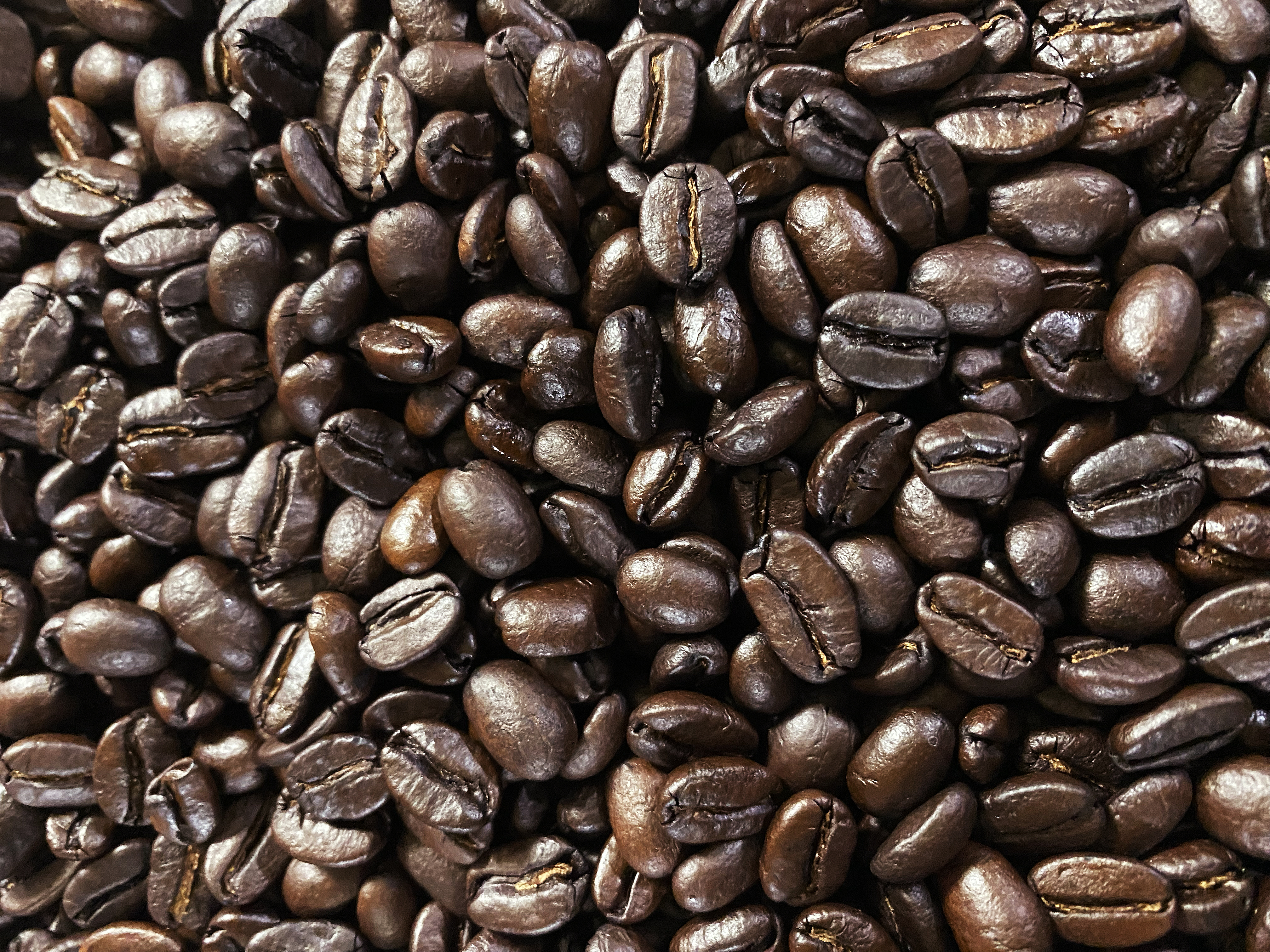 A close-up view of a pile of dark roasted coffee beans, showcasing their glossy, rich appearance and varying shapes, set against a dark backdrop.