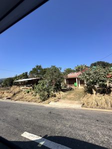 A view of a rural area with a clear blue sky.