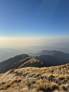 A panoramic view of rolling mountain hills covered in golden grass under a clear blue sky