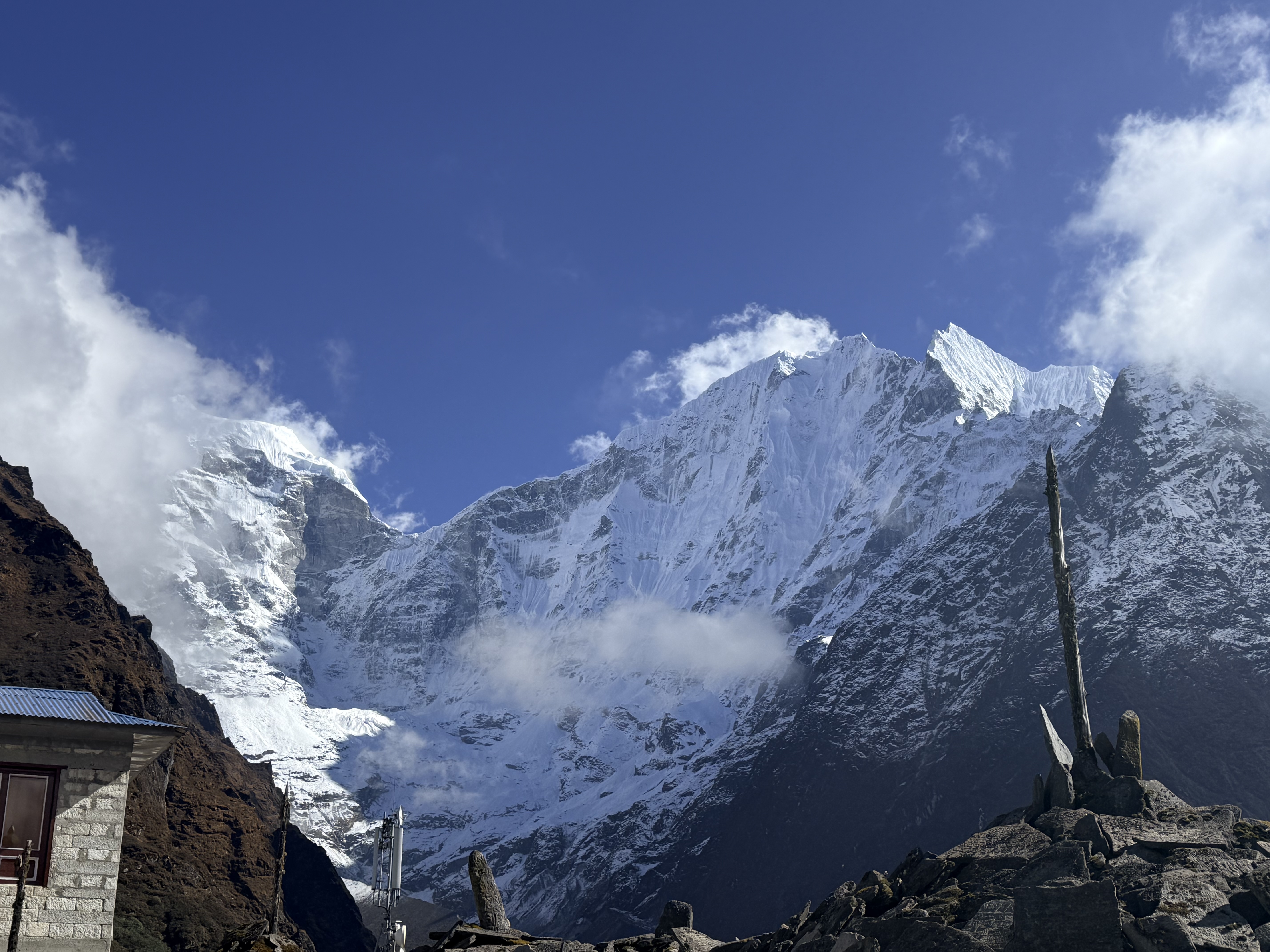 A majestic snow-capped mountain range dominates the background, with sharp peaks piercing the clear blue sky. 