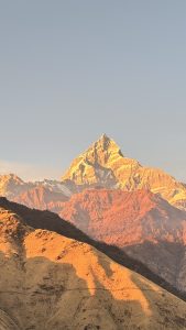 A snow-capped Machhapuchchhre (Fishtail) mountain glows at sunset, with rocky hills and grassy land in the foreground under a soft blue sky.