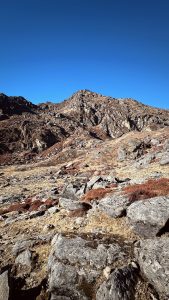 A rocky terrain with scattered boulders under a clear blue sky.