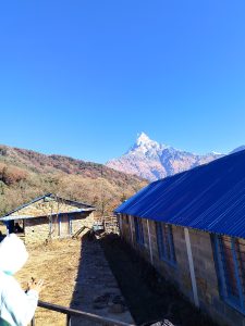 A clear blue sky serves as the backdrop for a stunning mountain peak, likely part of the Himalayas, which is covered in snow.