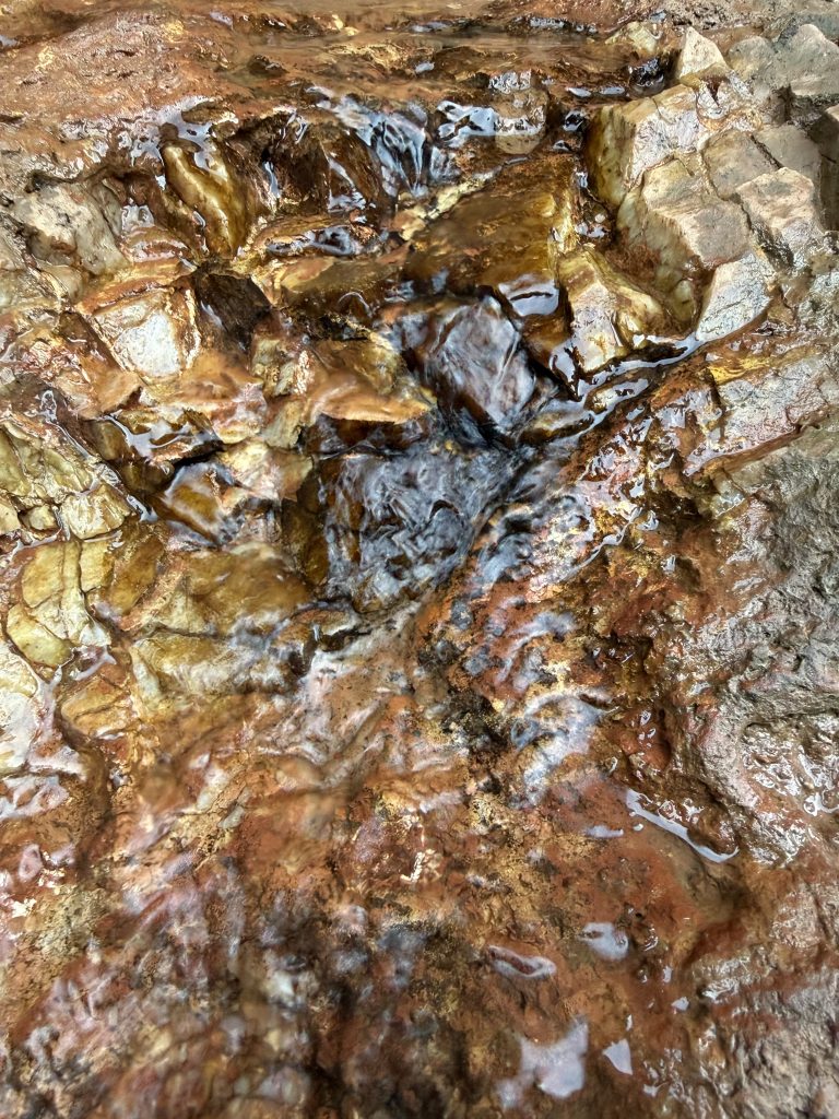 Water flowing over a golden stone.