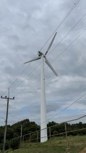 A tall, white wind turbine stands prominently against a cloudy sky. Nearby, power lines run close to the turbine, connecting to a wooden utility pole that has several hanging wires. In the background, lush greenery can be seen, with trees.