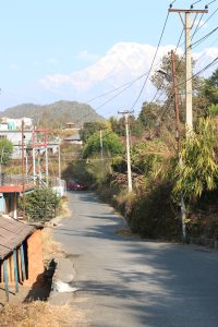 A winding rural road curves through a hilly landscape, lined with greenery and occasional buildings.