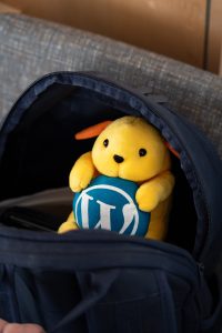 Wapuu in a backpack.