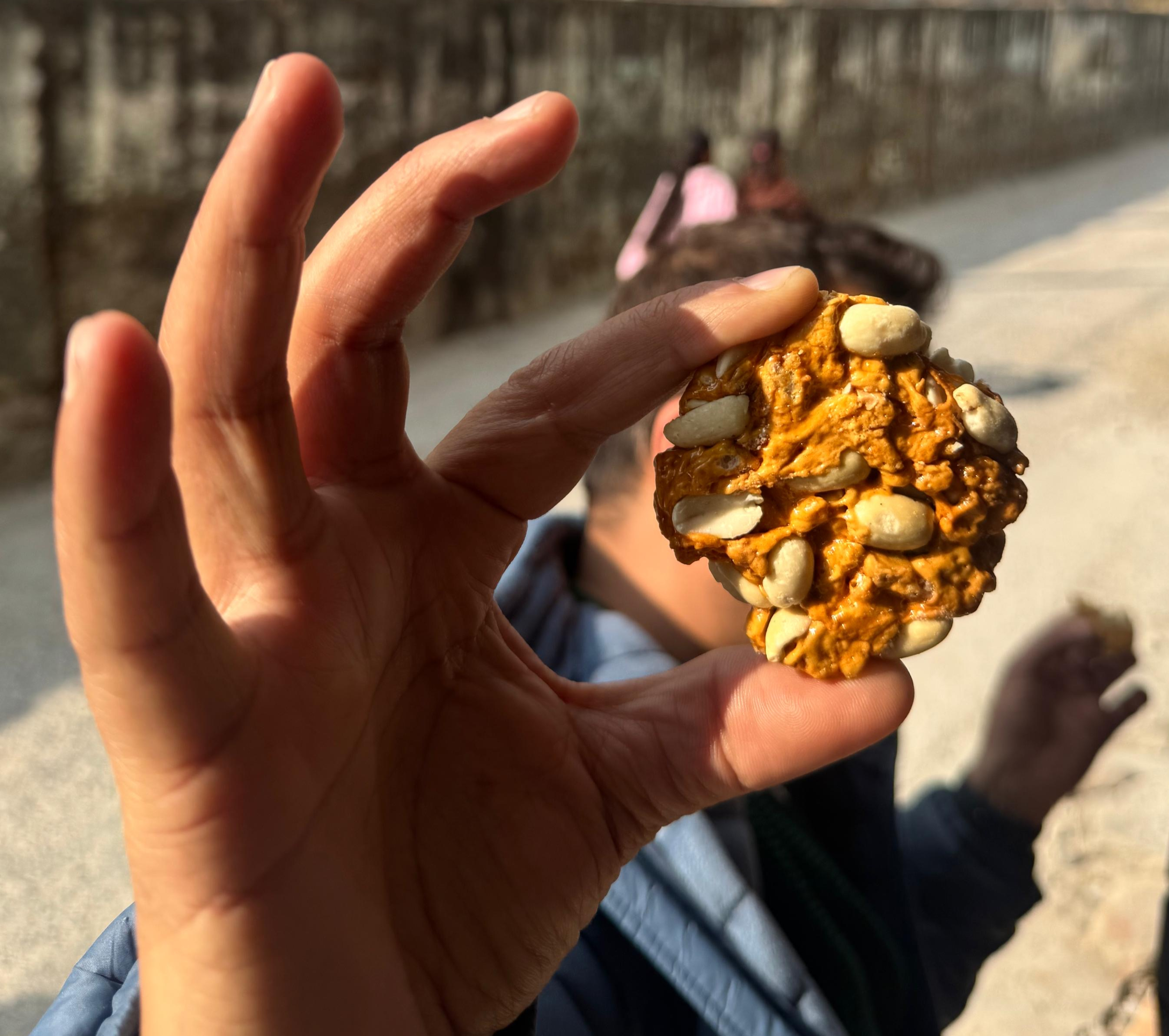 A hand is shown in the foreground, holding a round, textured snack that resembles a cookie.