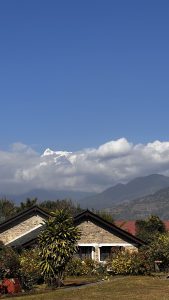 A picturesque landscape featuring a stone house adorned with colorful flowers and greenery.