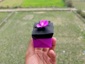 Hand holding a special suprise gift with pink and black colour in it with a blurry green background
