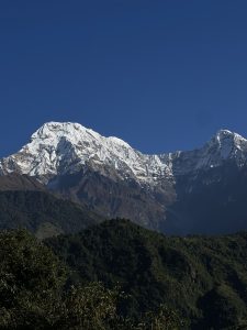 A scenic view of snow-capped mountains under a clear blue sky with lush green hills in the foreground.