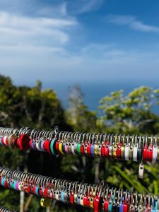 Several rows of colorful padlocks attached to a metal railing. The padlocks come in various colors, including vibrant shades of red, blue, pink, yellow, and green.