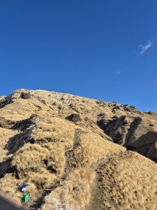 A rugged landscape featuring a grassy hillside leading up to a rocky mountain peak, under a clear blue sky.
