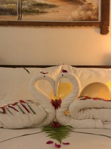 
A beautifully arranged bed featuring two white towel swans forming a heart shape in the center. 