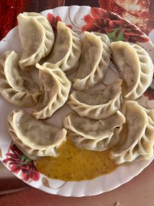 A plate of dumplings arranged neatly, featuring a dozen light-colored dumplings with fluted edges