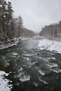 Esopus Creek flows between icy, tree-lined banks covered with snow.